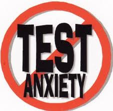 The words test anxiety with a red circle with a slash over it. 