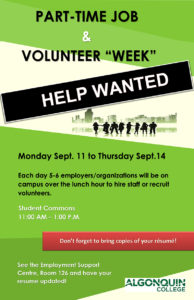 Part-time Job & Volunteer "Week", Campus Employment Services, Algonquin College, Pembroke