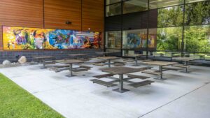 The outdoor space at the Algonquin College Campus. Picnic style tables on a concrete pad, the school's windows in the background, a colourful mural is included in the patio area, a covered area.