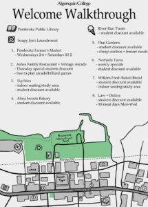 A map of downtown pembroke showing the route for the walking tour led by our student mentor or JEDI