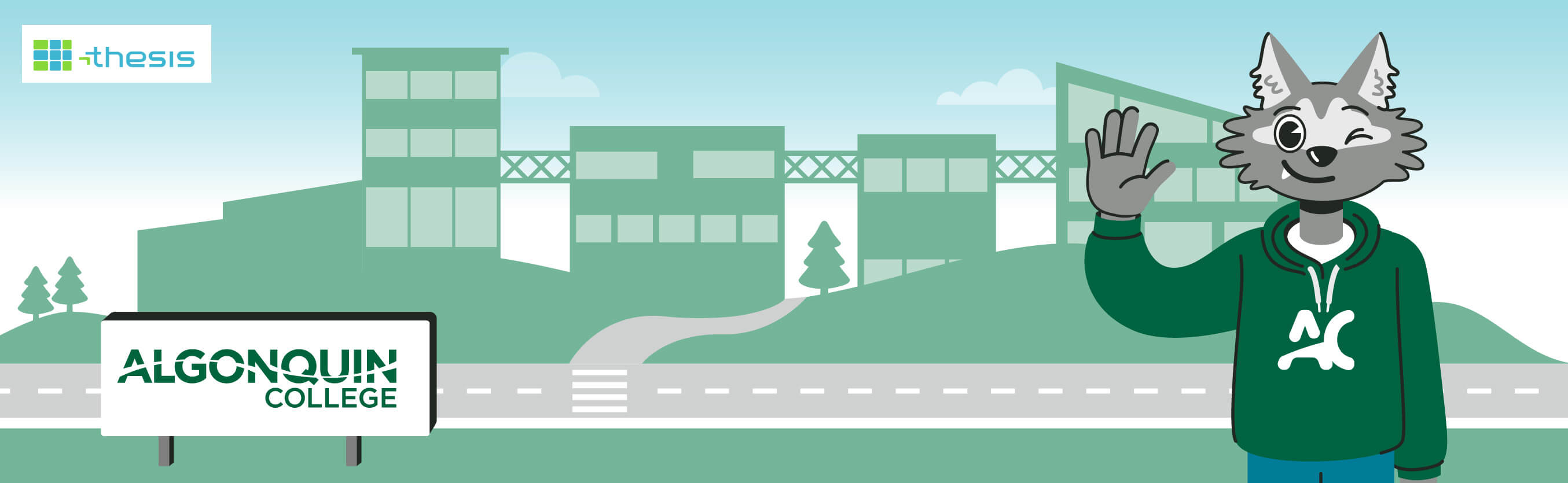 An avatar of a wolf smiling and waving in front of Algonquin College.