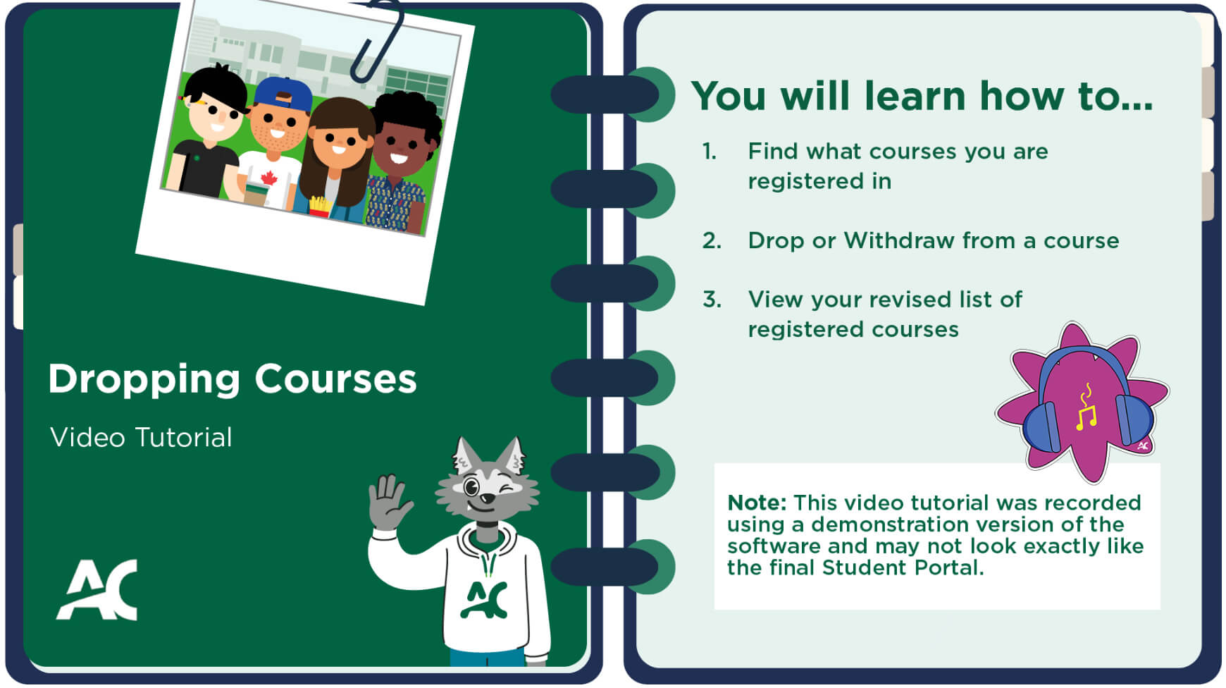A screenshot of an eLearning video tutorial for the new Student Portal. Pictured is a student's notebook with a list of learning outcomes.