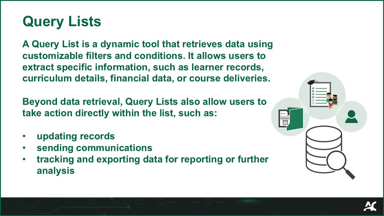 A Query List is a dynamic tool that retrieves data using customizable filters and conditions. It allows users to extract specific information, such as learner records, curriculum details, financial data, or course deliveries. Beyond data retrieval, Query Lists also allow users to take action directly within the list, such as: updating records, sending communications, tracking and exporting data for reporting or further analysis. Image: A computer database icon with a magnifier symbol. Three icons are above the database: folders, documents, and users.