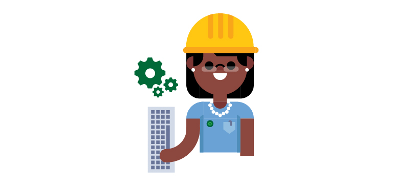 An employee icon wearing a construction hat, using a computer keyboard and three gear icons.