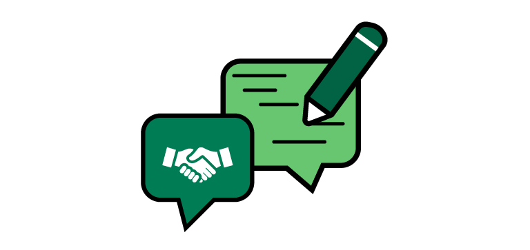 Two speech bubbles, one with hands shaking and one with a pencil writing text.