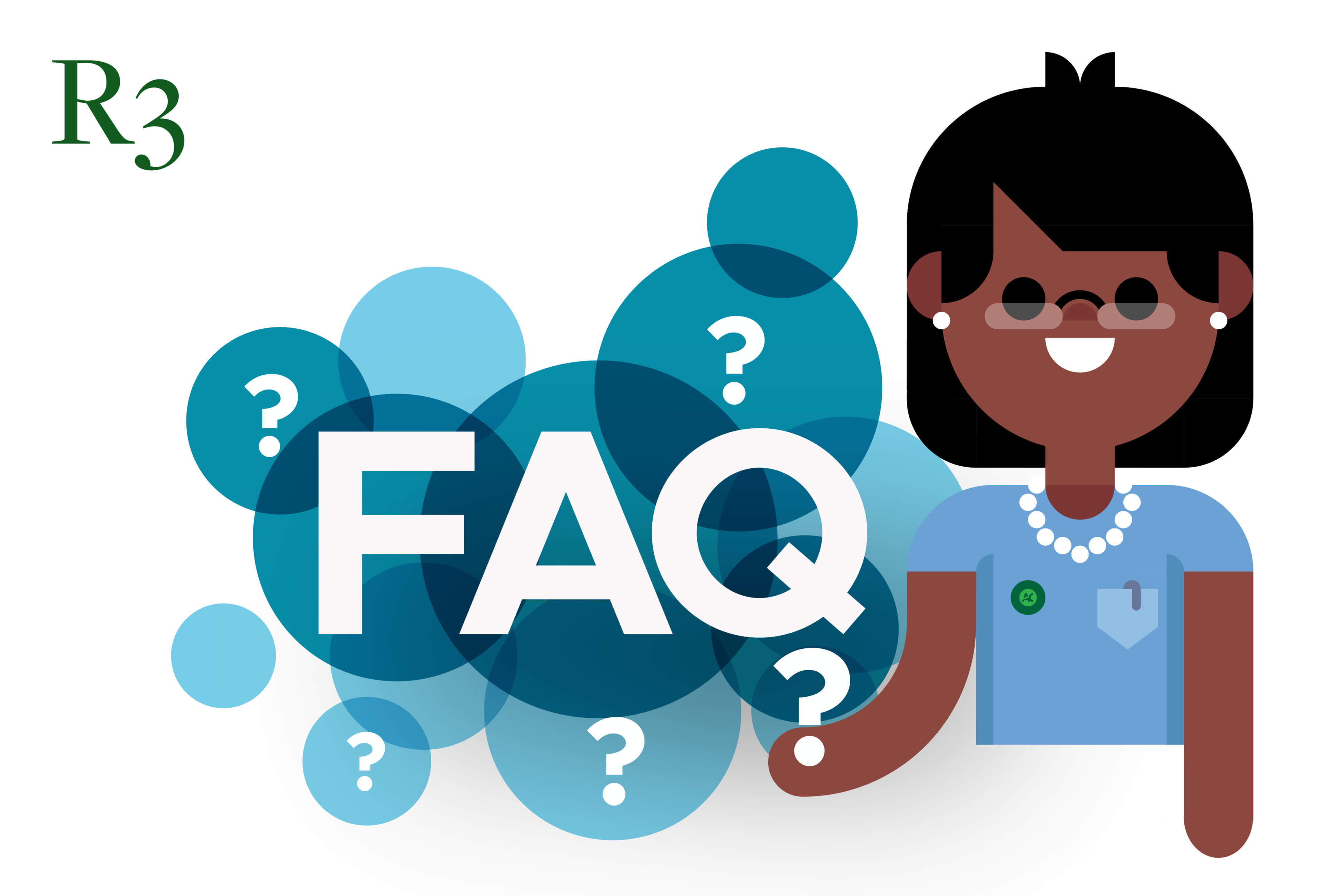 FAQ with female employee avatar and question marks surrounding text.