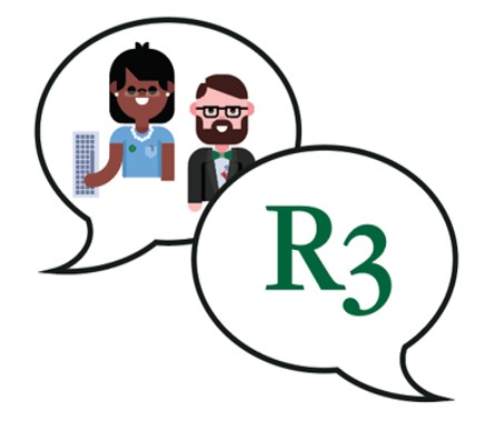 Illustration of two speech bubbles - one containing drawings of employees - and another containing the title R3