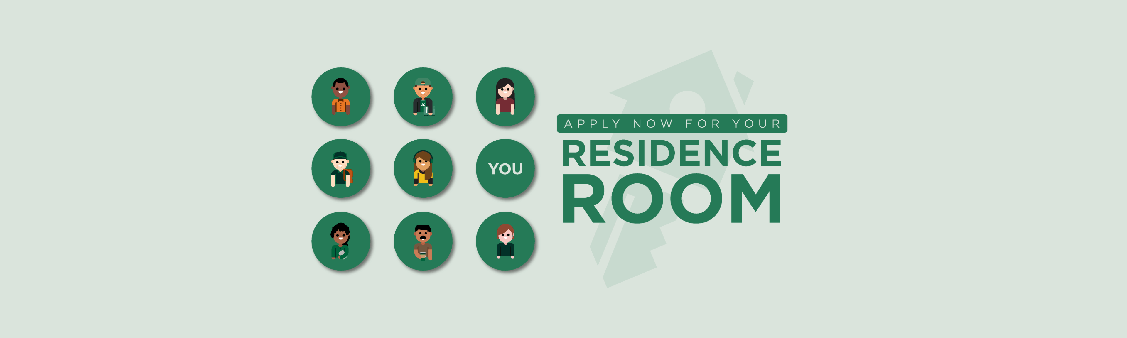 Illustration with nine diverse cartoon avatars in green circles on the left. On the right, text reads 'Apply now for your residence room' in bold green letters.