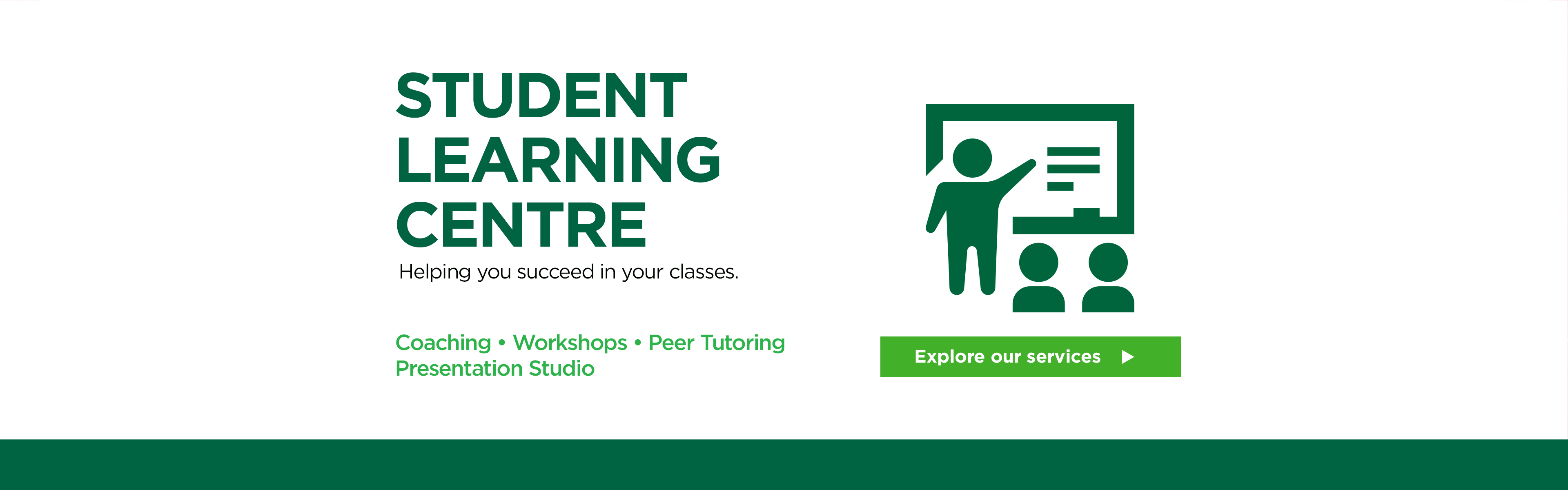 Helping you succeed in your classes. Student Learning Centre. Coaching, Workshops, Peer Tutoring, Presentation Studio. Explore our services.