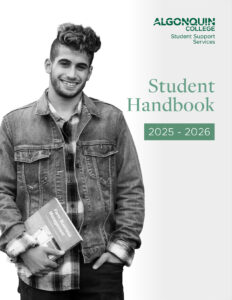 Algonquin College Student Handbook 2025-2026 cover showing a student in a jean jacket and plaid shirt holding a book and smiling at the camera on a white background. 